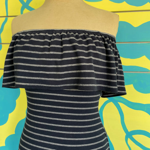 Vestido Azul Oscuro con rayas cuello bandeja - Secondary
