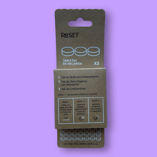 Tabletas x 3 de Recarga Multiuso Desengrasante, Cloro y Limpia Vidrio Reset