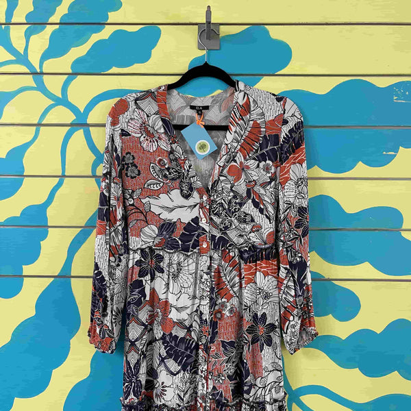 Vestido de flores salmon y azul