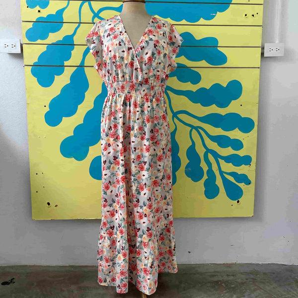 Vestido blanco de flores naranja y amarillo talla M