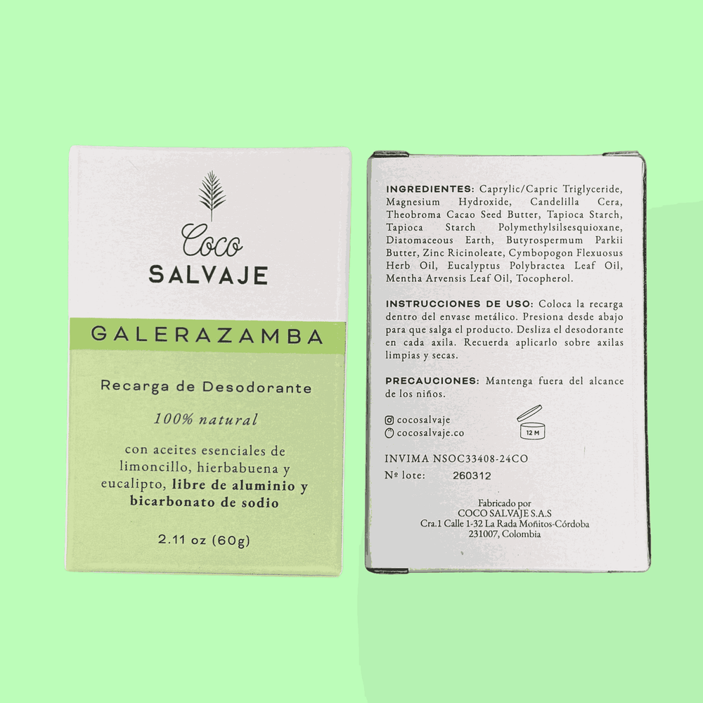 Recarga Desodorante en Barra Galerazamba con aroma cítrico herbal Coco Salvaje 60 gr.
