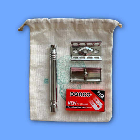 Máquina de Afeitar Reutilizable Clásica de una Hoja + Repuestos Cuchillas x5und.